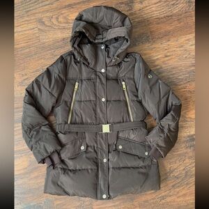Michael Kors Dark Brown Hooded Puffer Jacket with Belt